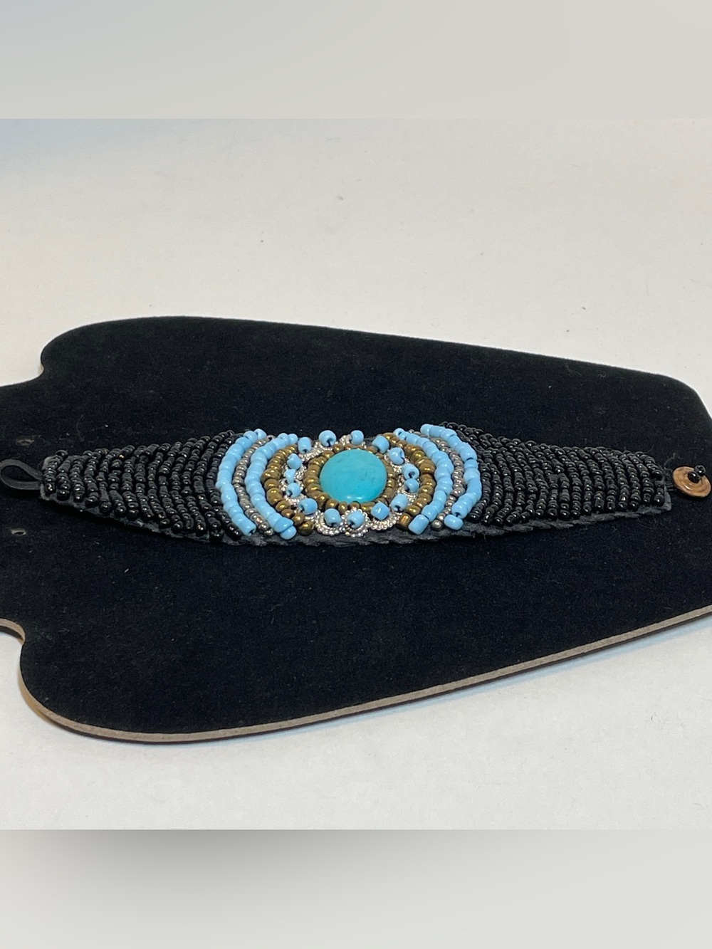 Handmade Seed Bead Beaded Cuff Bracelet Boho Style, Black, Teal, Copper Tones